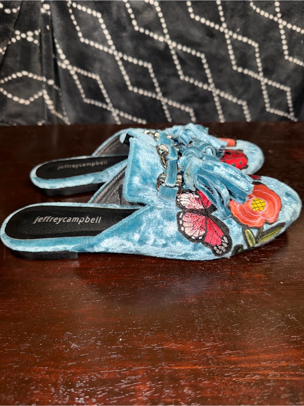 Jeffrey Campbell Velvet Mules Vibrant Floral, Butterfly, and Ladybug Embroidery - Picture 4 of 7